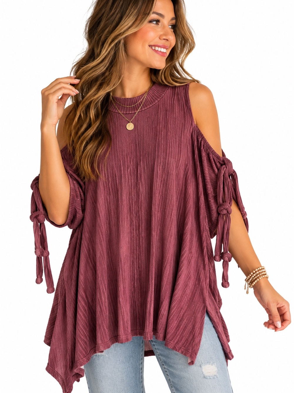 MOD Cold-Shoulder Rosewood Knit Tunic Top
